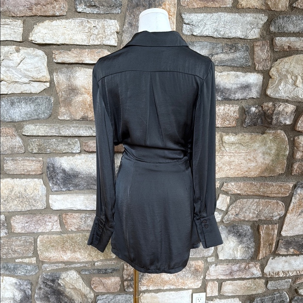 Black Satin Shirt Dress with Belt - Picture 7 of 8
